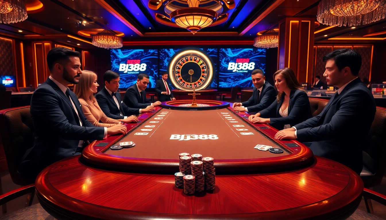 Experience the thrill of BJ388 at a high-stakes poker table surrounded by luxury and excitement.