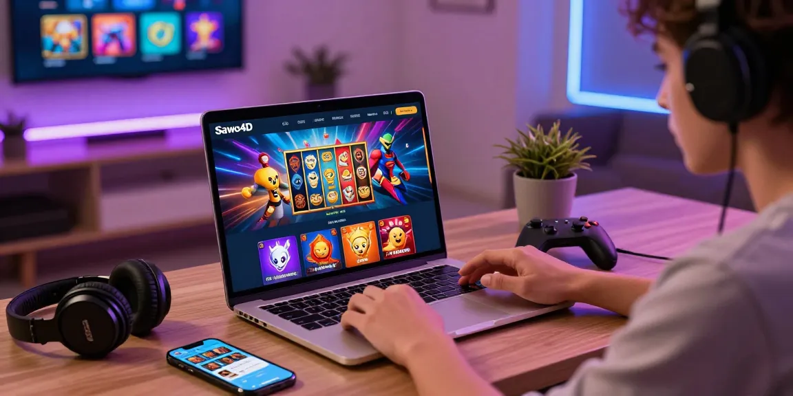 Sawo4D user engaging with online games on a laptop in a vibrant, modern home setup.