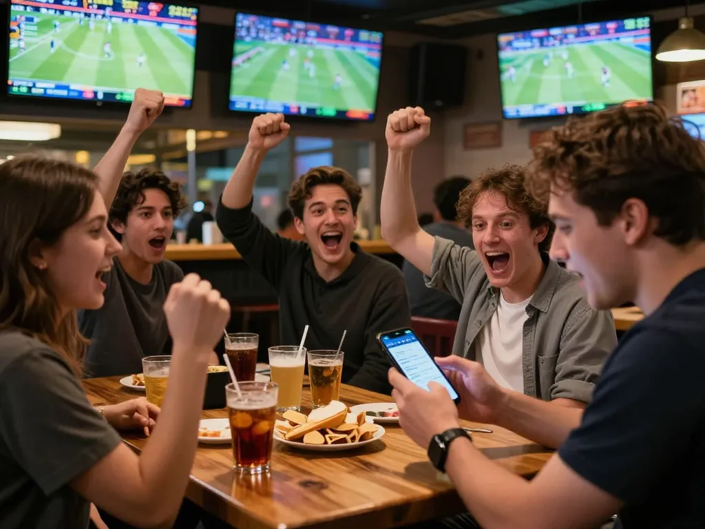 Engaged patrons analyzing soi keo nha cai odds at a lively sports bar while cheering for teams.