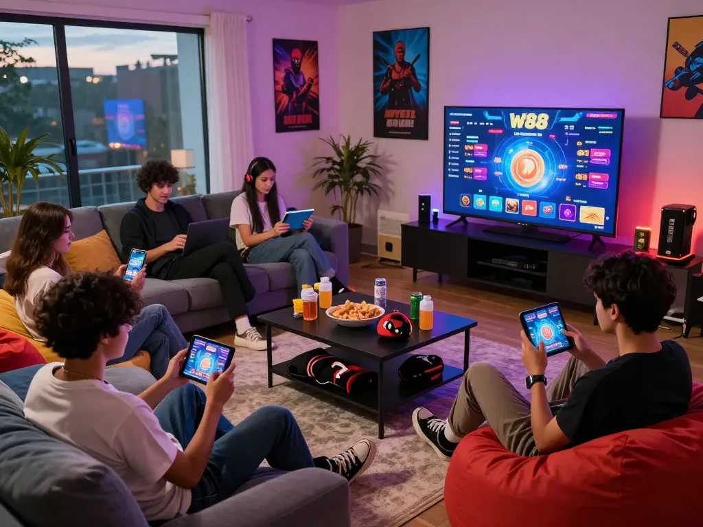 Friends enjoying the W88 online gaming experience in a vibrant living room.