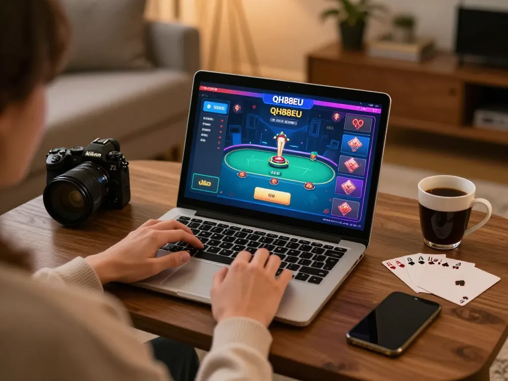 Engaging poker gameplay on QH88EU with a player enjoying a cozy home setting, highlighting responsible gambling.