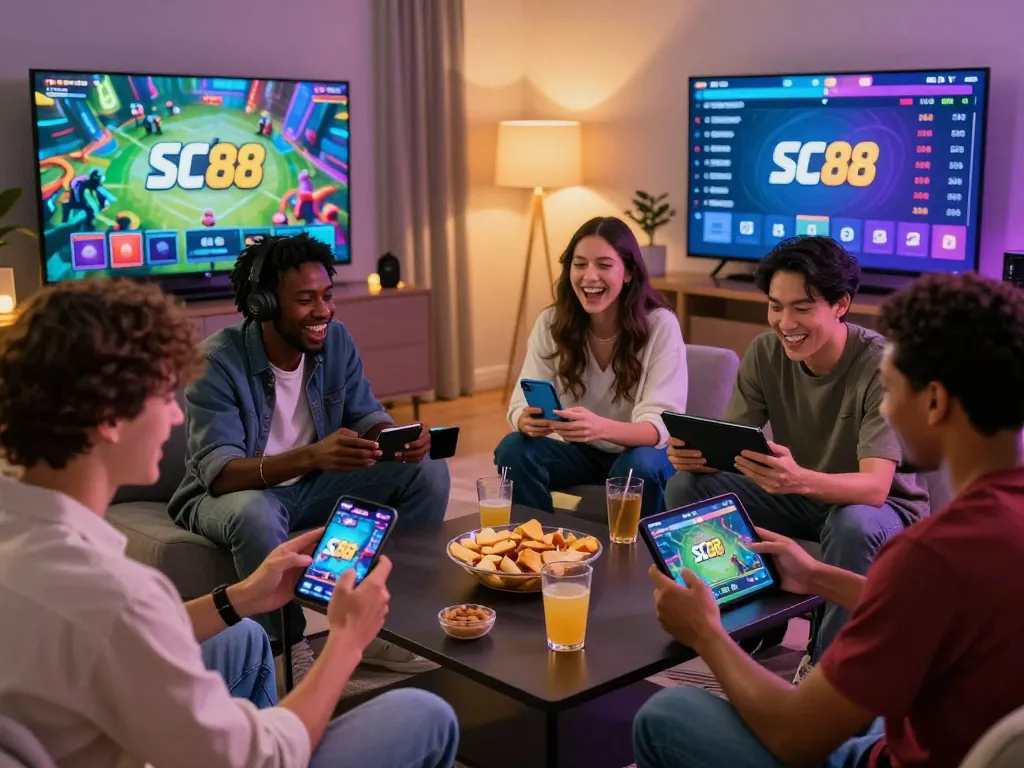 Friends enjoying online gaming at SC88, placing bets and celebrating in a cozy living room.