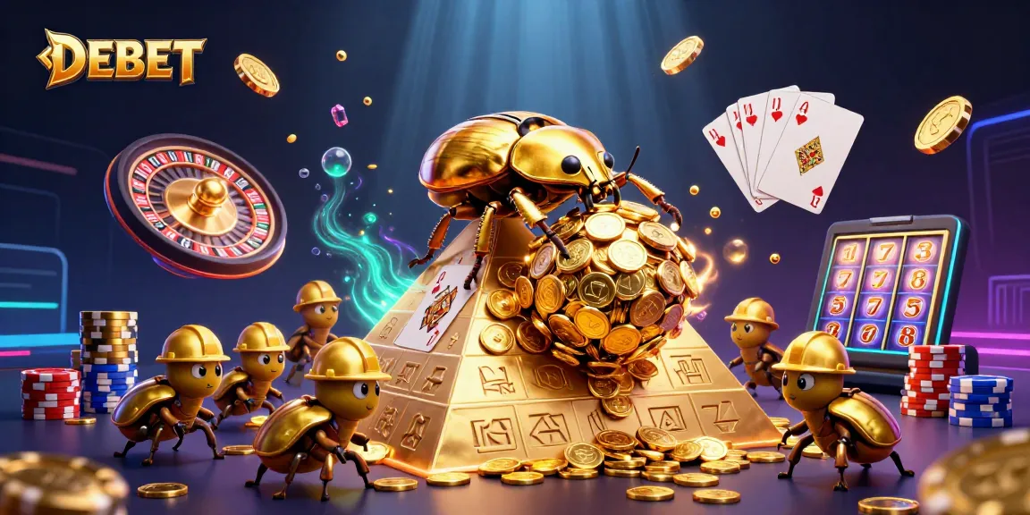 Play with DEBET at a lively casino scene featuring glowing coins and beetles.