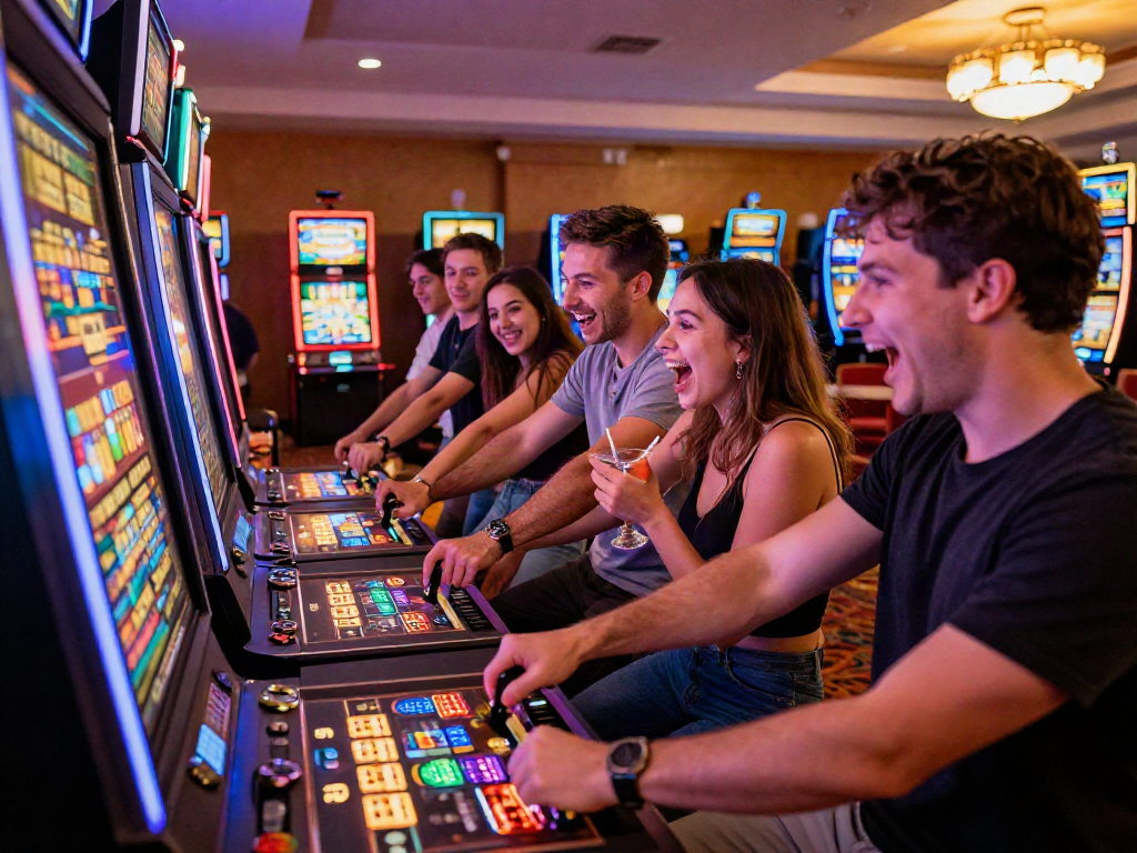 Friends enjoying a thrilling moment at the slot machine in a vibrant casino.