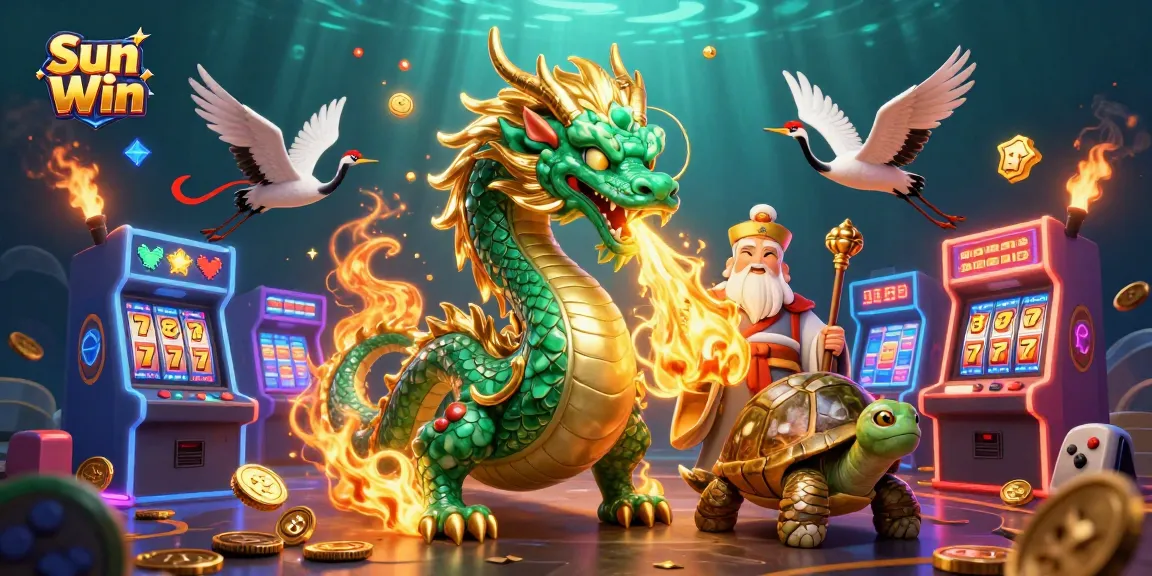 Win big with Sun Win in this vibrant 3D casino illustration featuring mythical characters and gaming elements.