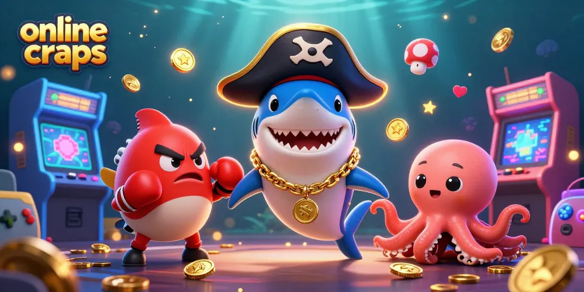 Engage in online craps with a vibrant 3D illustration of a pirate shark and friends in a casino arcade.