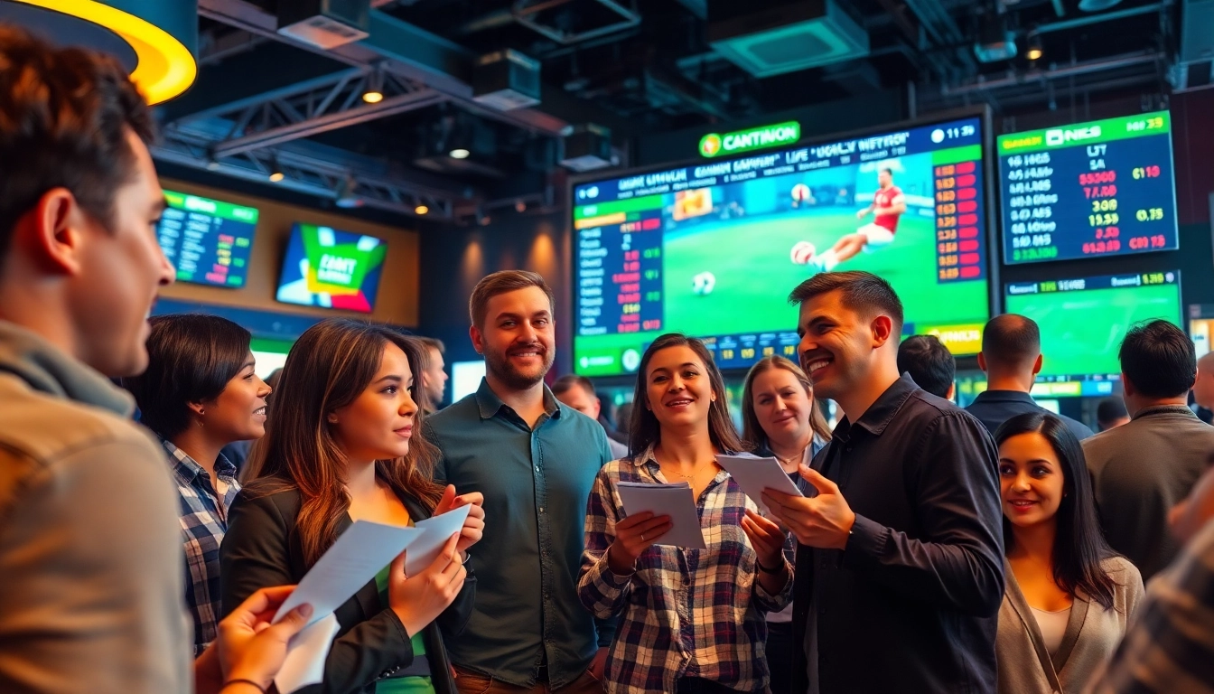 Engage in online betting with a vibrant atmosphere showcasing enthusiastic bettors.