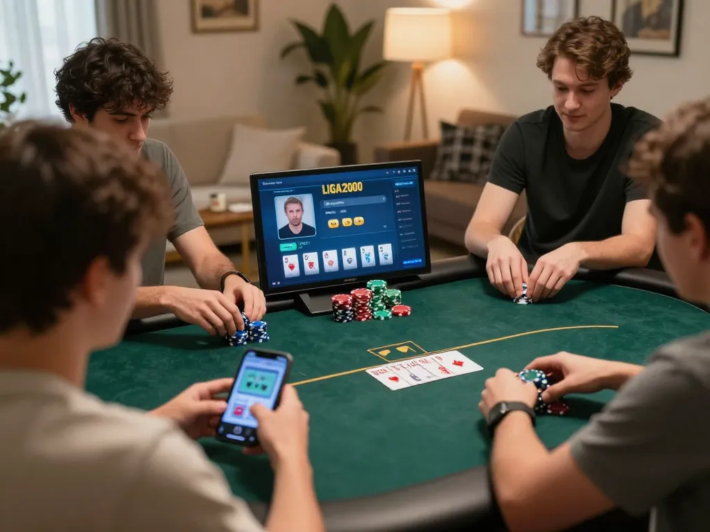 LIGA2000 poker game in action with digital chips and competitive players strategizing