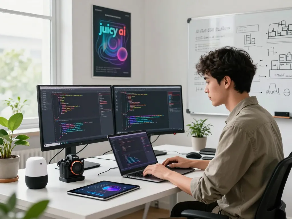 Young professional coding on dual monitors in a creative workspace, highlighting juicy ai technology.