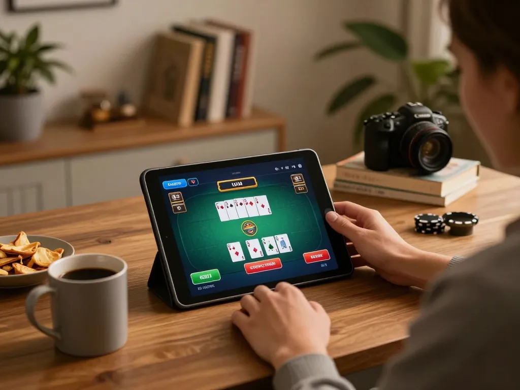 Engage in online casino Malaysia gameplay from a cozy home office setting with a tablet interface