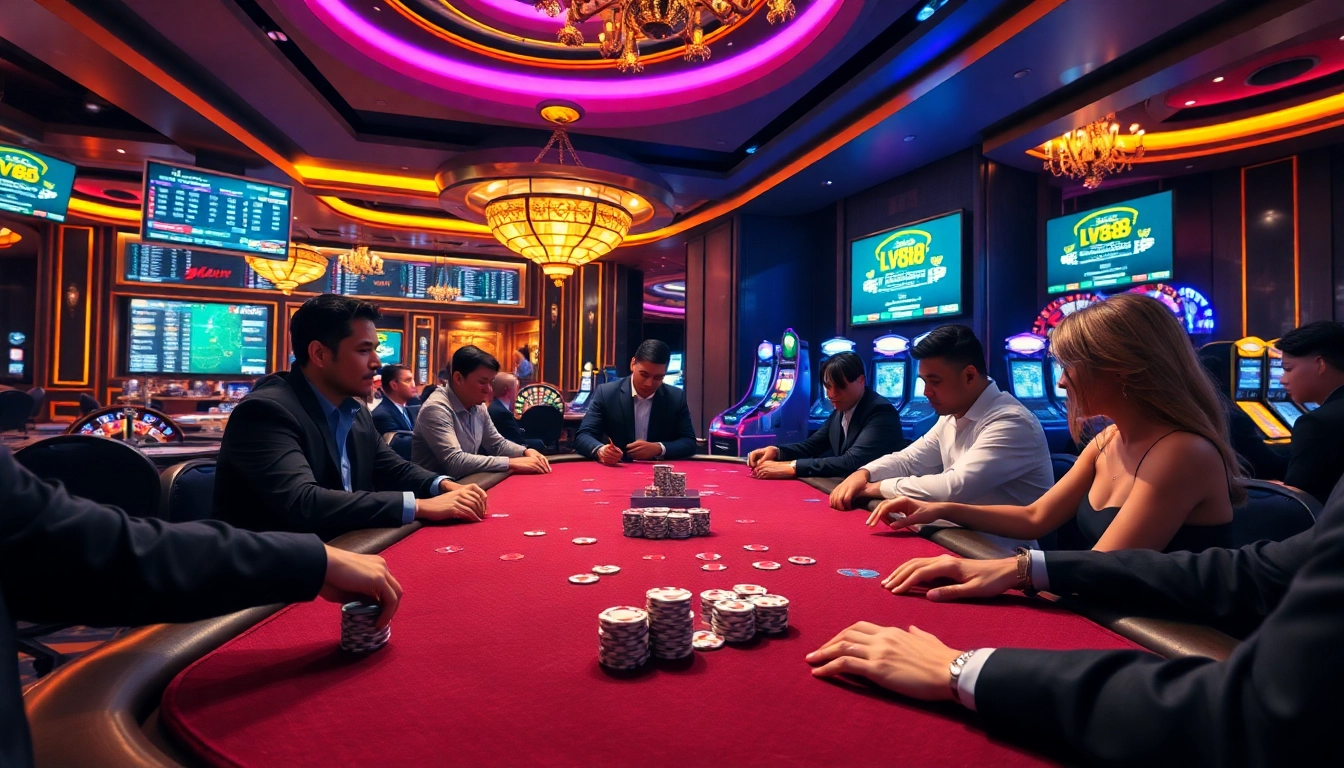 Engaged players enjoying a high-stakes game at lv88 casino with vibrant poker chips and cards.