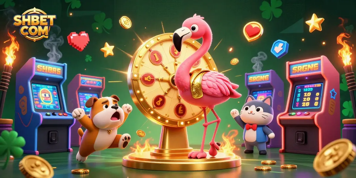 Engage with SHBET COM by spinning the prize wheel in this vibrant casino scene featuring cartoon characters.