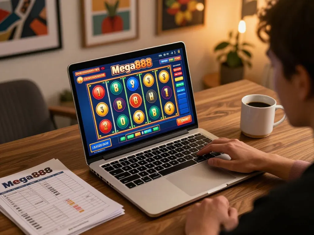 Playing mega888 original slot game on a laptop in a cozy home gaming setup, showcasing strategy notes.