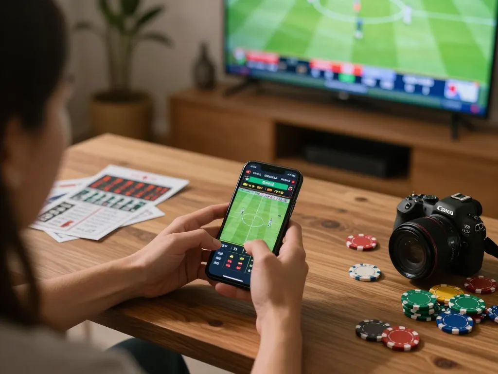 Engaging sports betting scene on https://goal123.ac/ with live odds displayed on smartphone at cozy home setting.