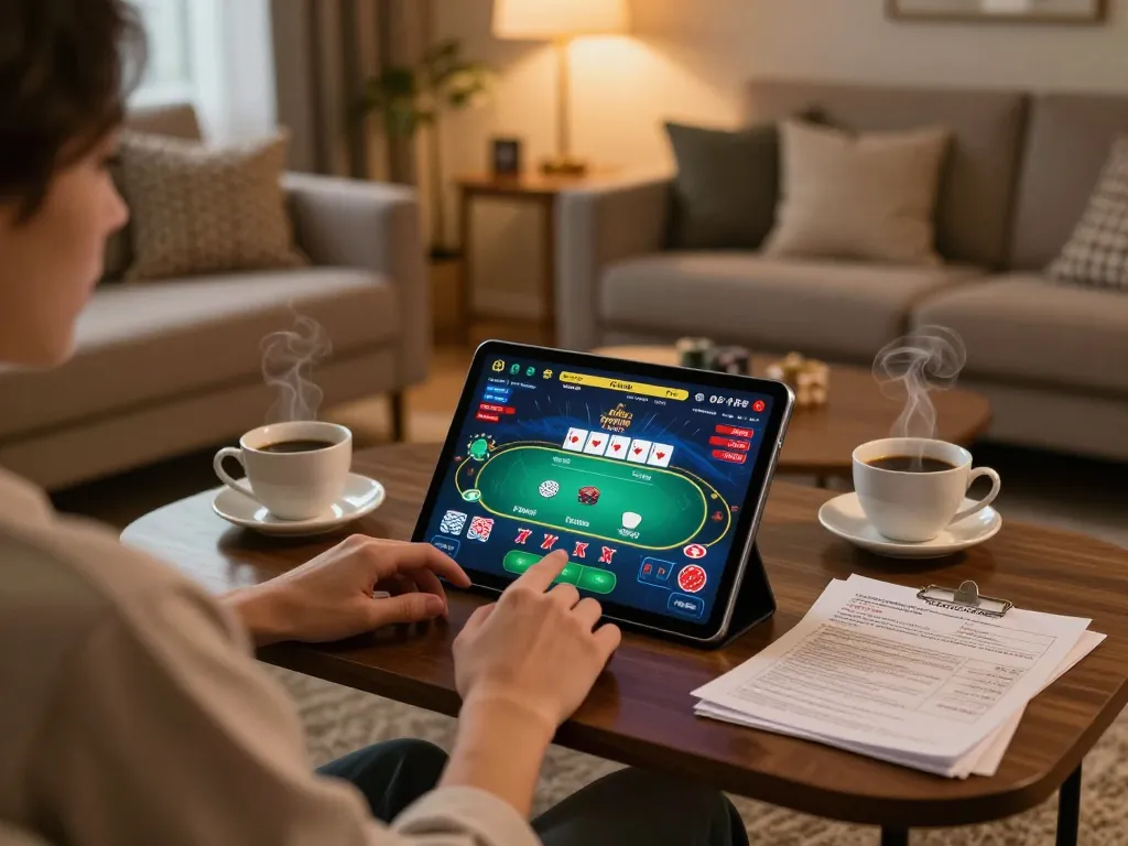 Engaged player enjoying 888 VI casino gaming on a tablet in a cozy home setting.