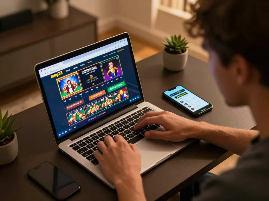 Engaged player using king33 online casino on laptop and smartphone in a cozy, inviting home setting.