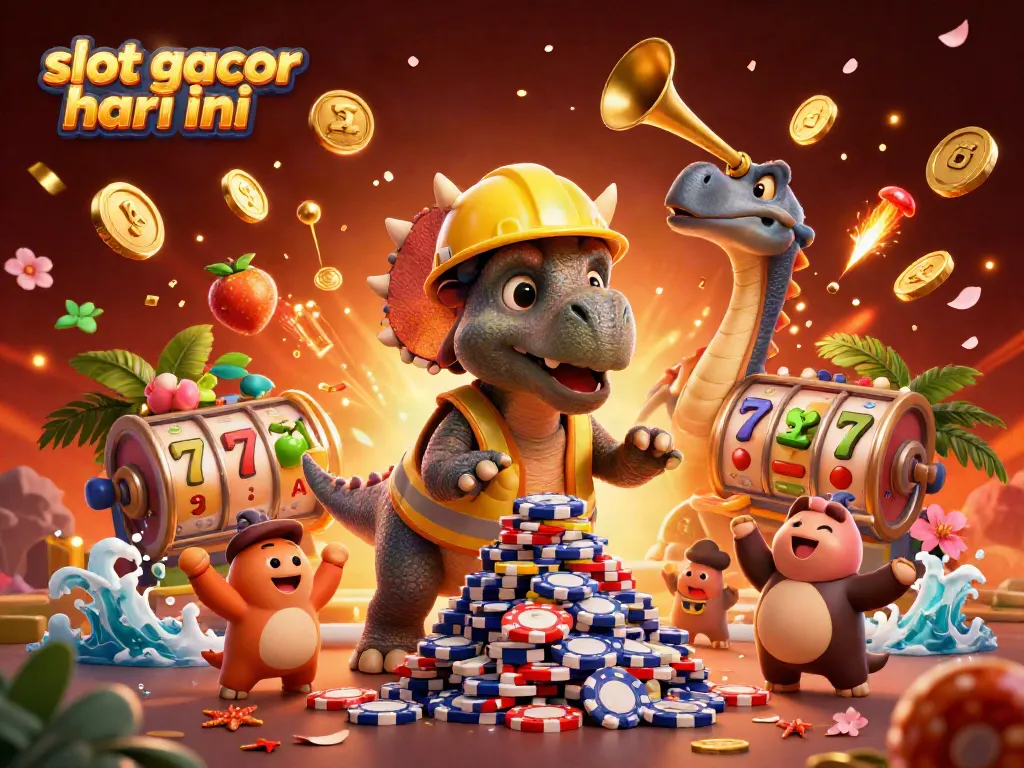 Slot gacor hari ini menampilkan triceratops dan parasaurolophus merayakan kemenangan di kasino berwarna-warni.