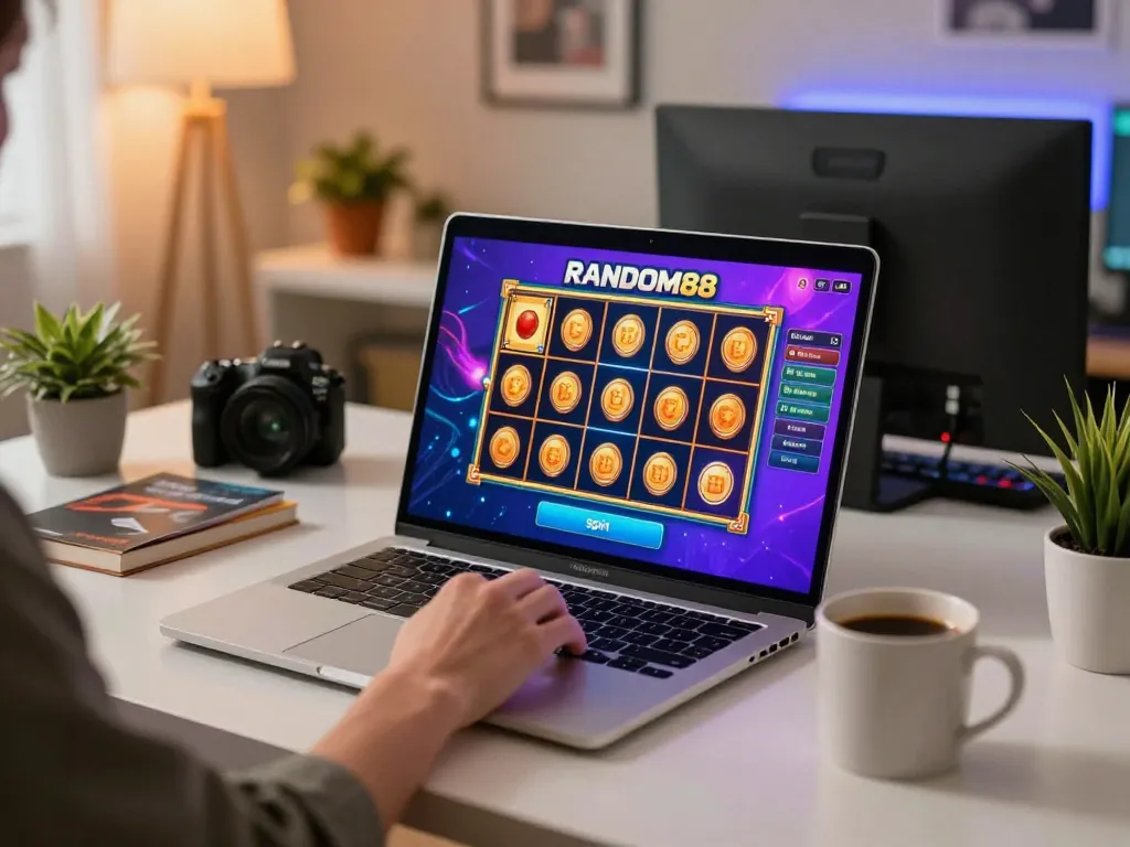 Memainkan permainan slot RANDOM88 di laptop, menampilkan adegan perjudian online yang mendebarkan.