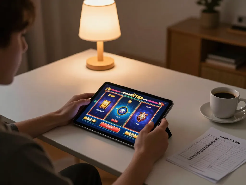 Pemain berinteraksi dengan slot online aman788 di tablet, menampilkan grafik permainan yang ramai dan catatan strategis.
