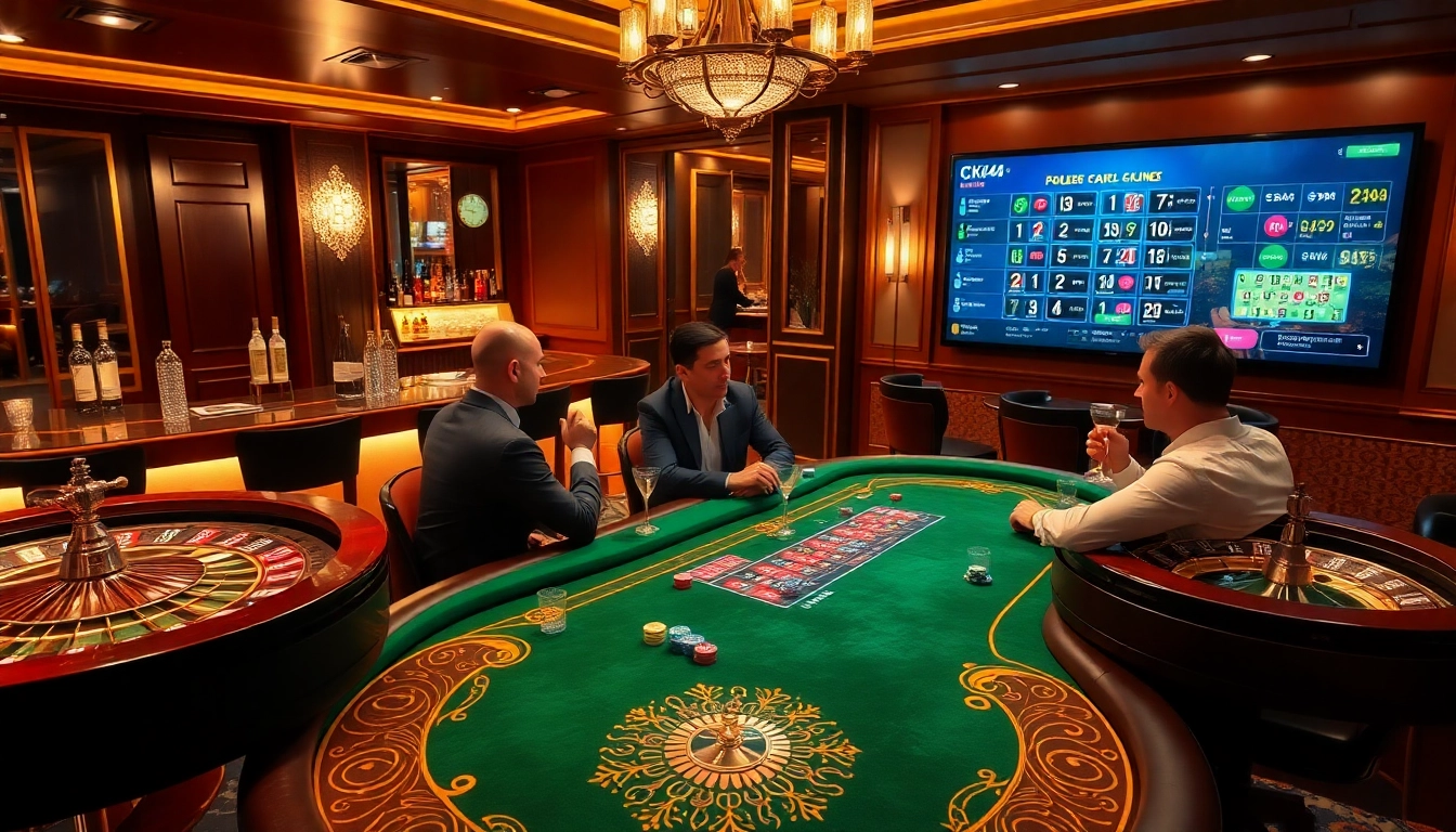Feel the excitement at CK444 as players compete in a lively poker game with vibrant chips and luxury surroundings.
