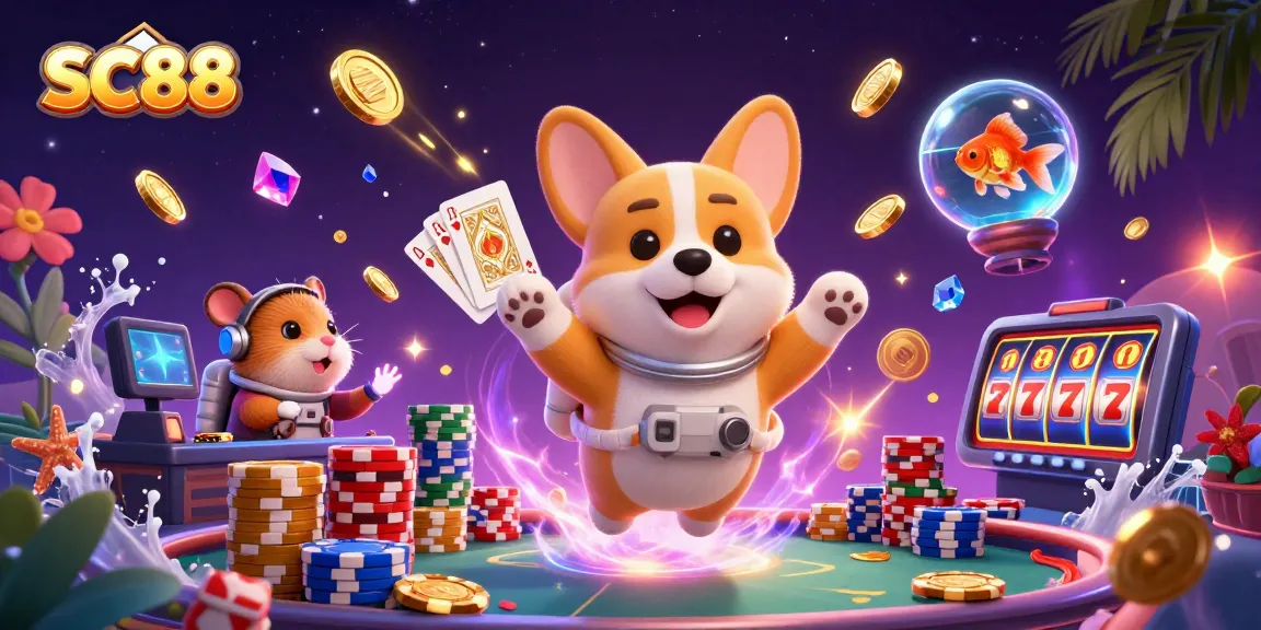 Experience thrilling luck at SC88 with playful edges of poker and floating coins in a futuristic casino scene.