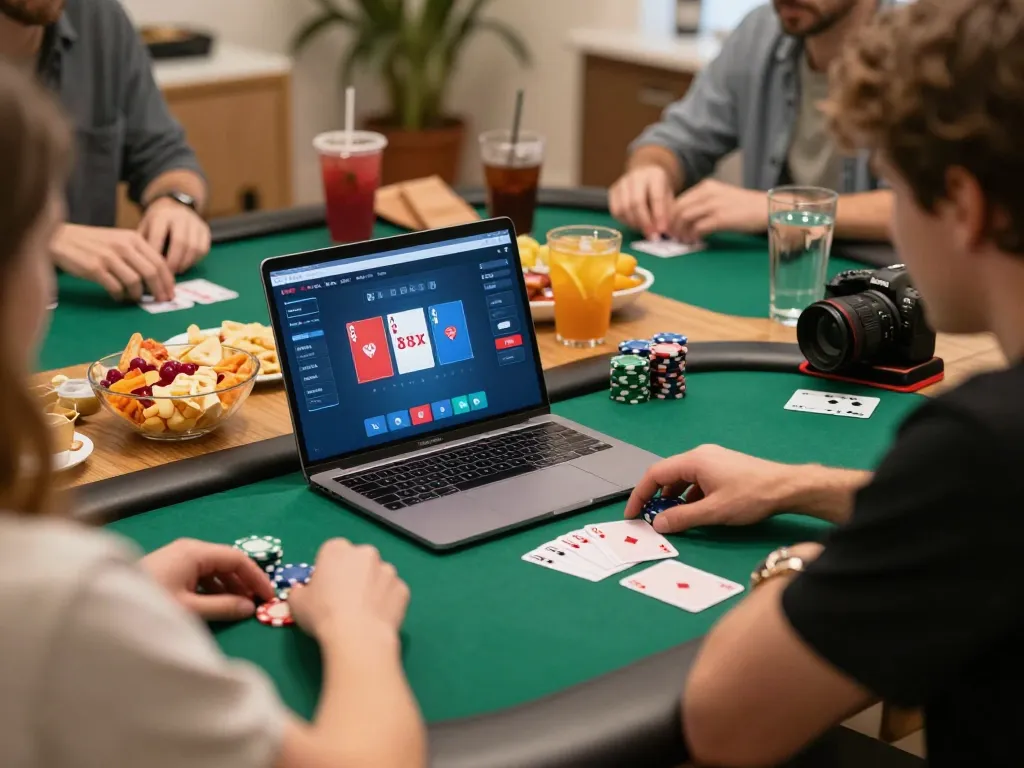 Engaged players strategizing on the 88xx platform in a cozy home poker setting