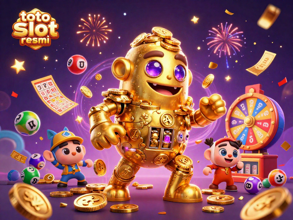 Win big with toto slot resmi illustrated in a magical scene featuring a golden golem and vibrant game elements.