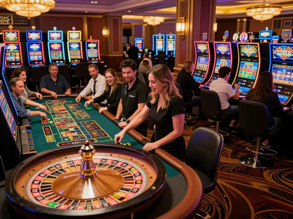 Engaged players at a Go8 casino roulette table joyfully placing bets in lively atmosphere