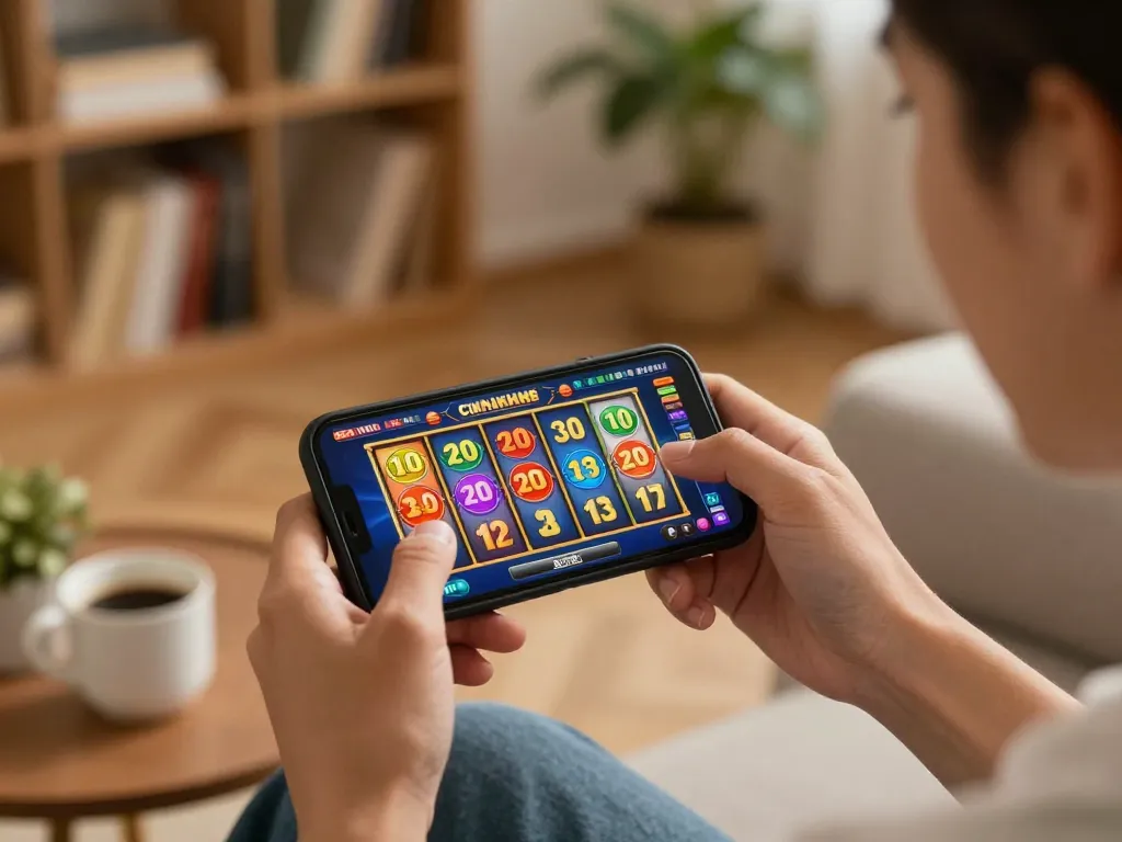 Engaged player enjoying a slot online game on their smartphone in a cozy living room