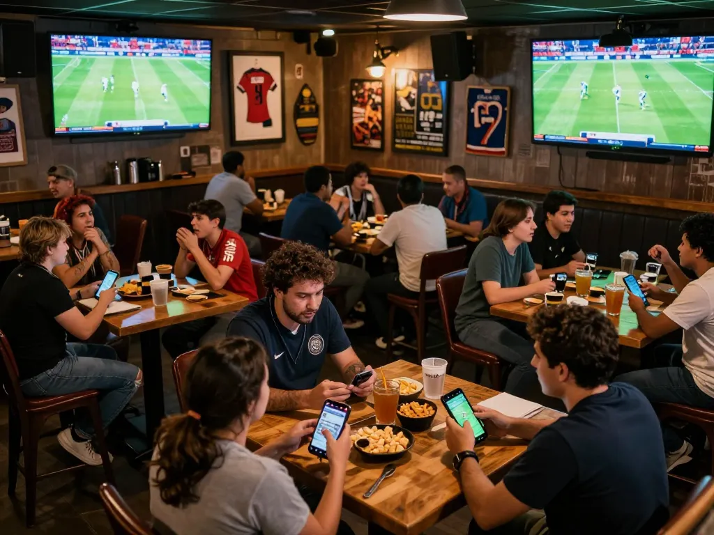 Xoilac viewers eagerly analyzing live football streams while enjoying snacks and drinks in a lively sports bar.
