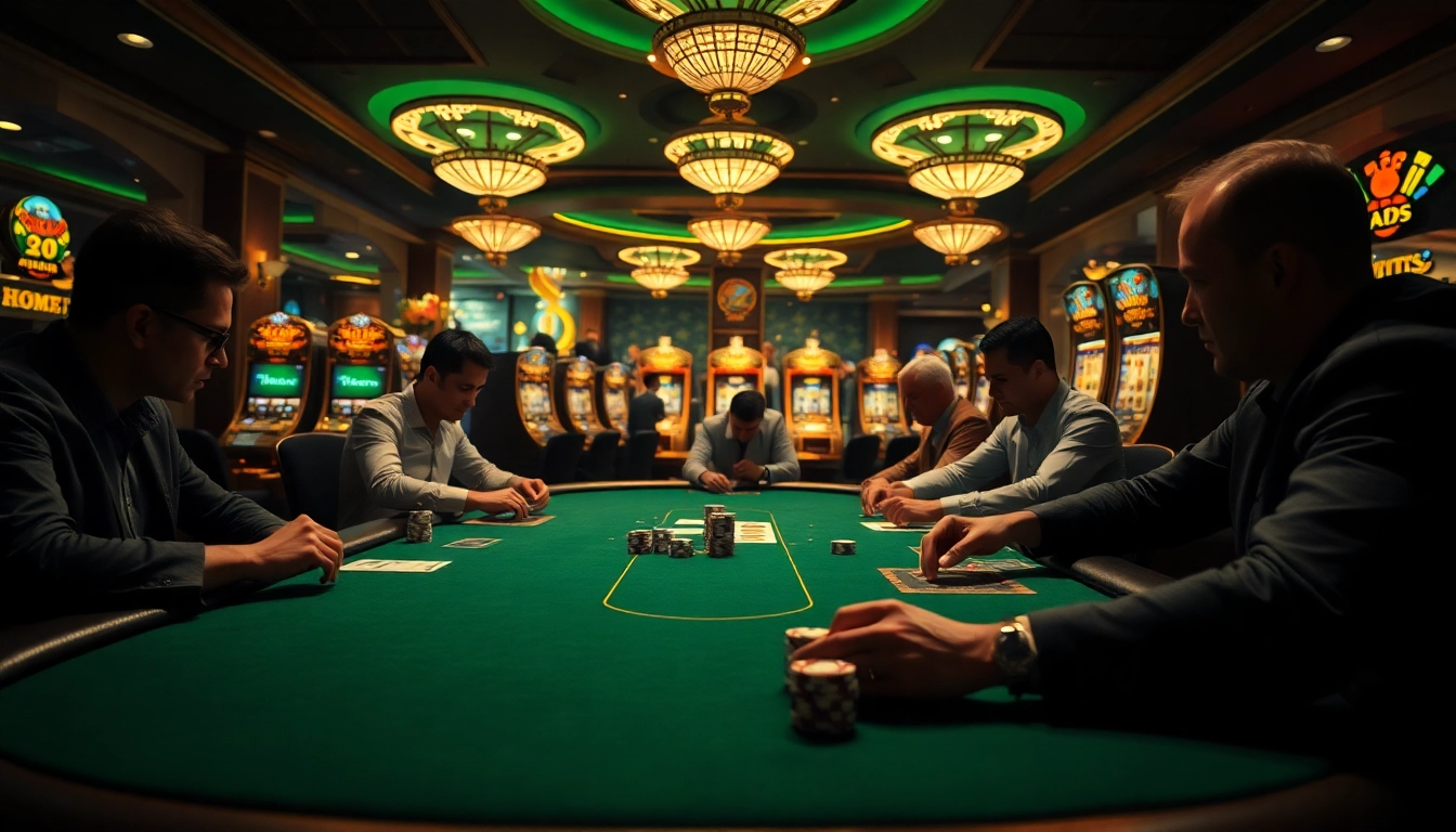 Engaged players at e2bet poker table in a sophisticated casino atmosphere.