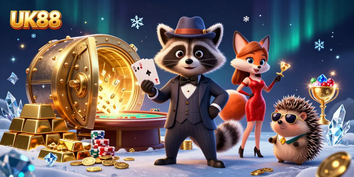 Experience winning strategies with UK88 in a vibrant 3D casino scene featuring dynamic poker elements.