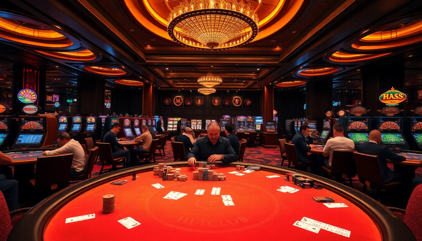 Players enjoying thrilling games at Hitclub's luxurious casino tables and slot machines.