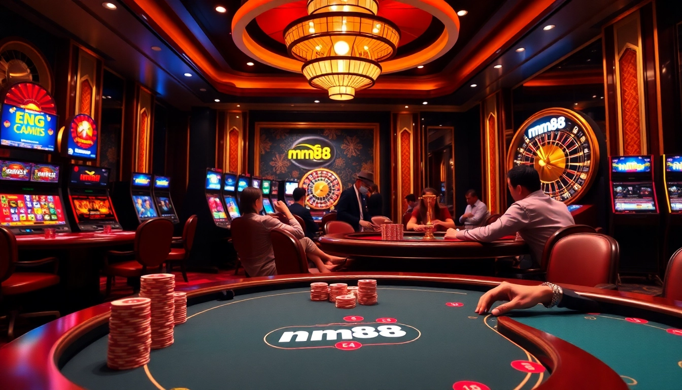 Experience the thrill of mm88 with a luxurious casino scene featuring a poker table and roulette wheel.
