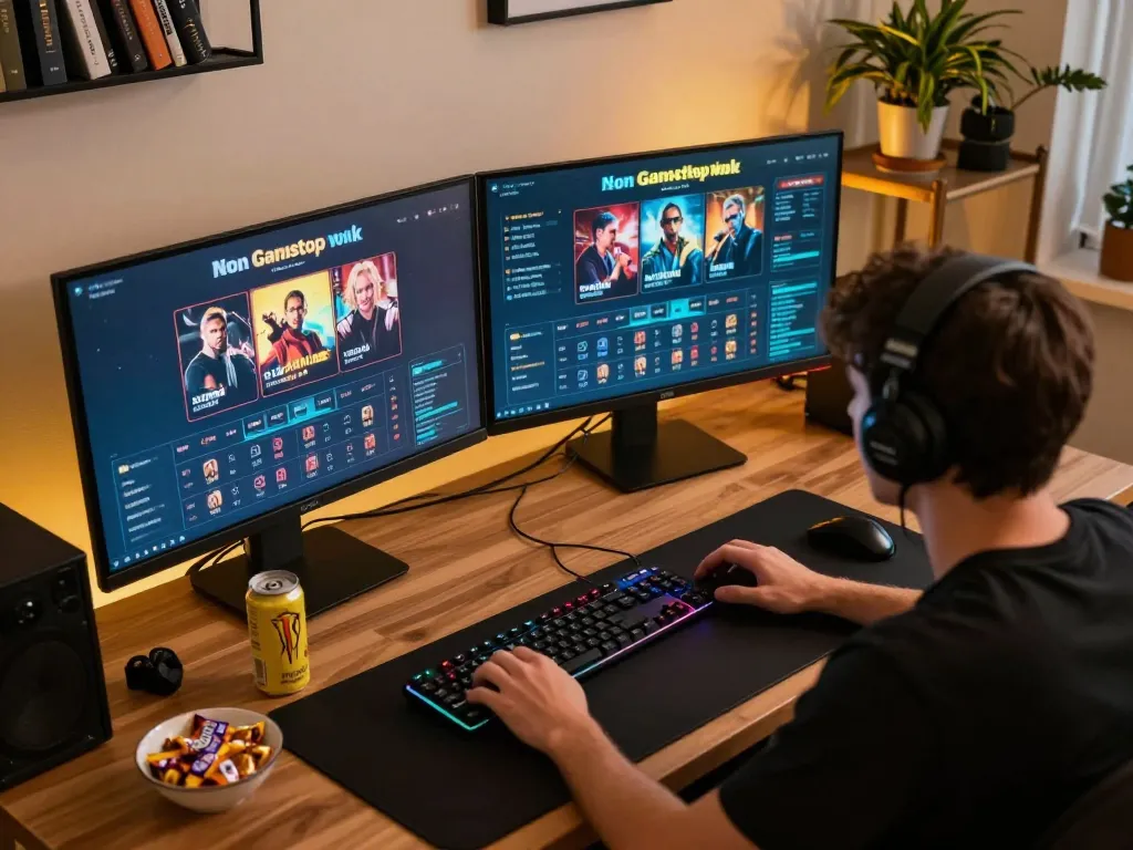 Player engaging in non Gamstop online casino games, focused on winning strategies in a cozy home setup