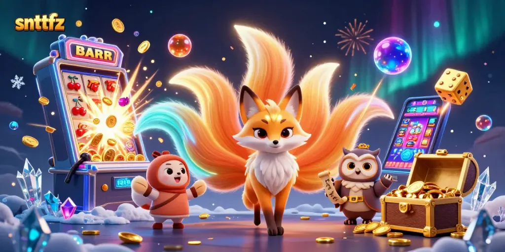 Experience snttfz's vibrant gaming world with a nine-tailed fox and wise owl amidst jackpot excitement!