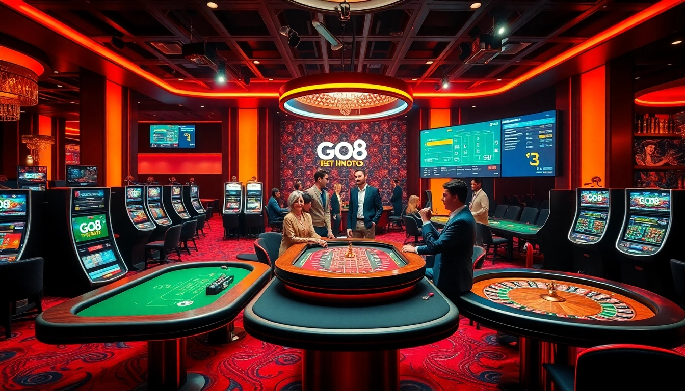 Go8 players enjoying high-stakes gaming at luxurious casino tables with vibrant slots.