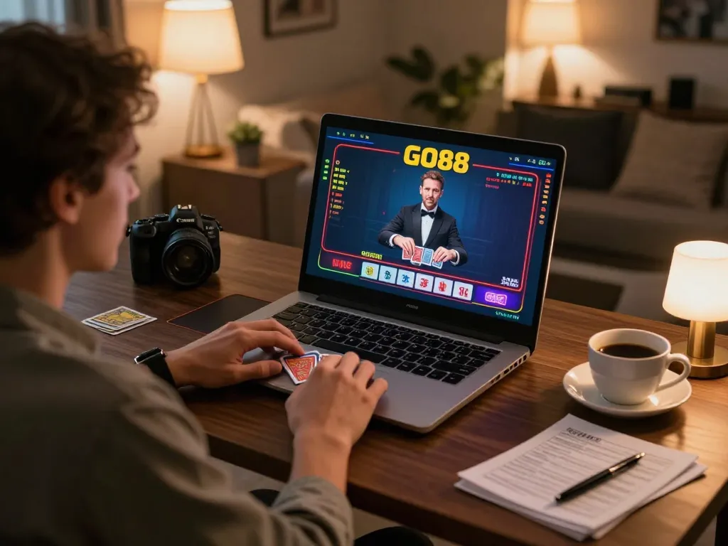 Engaging in a live dealer game on GO88's platform, combining strategy and fun in a modern home.
