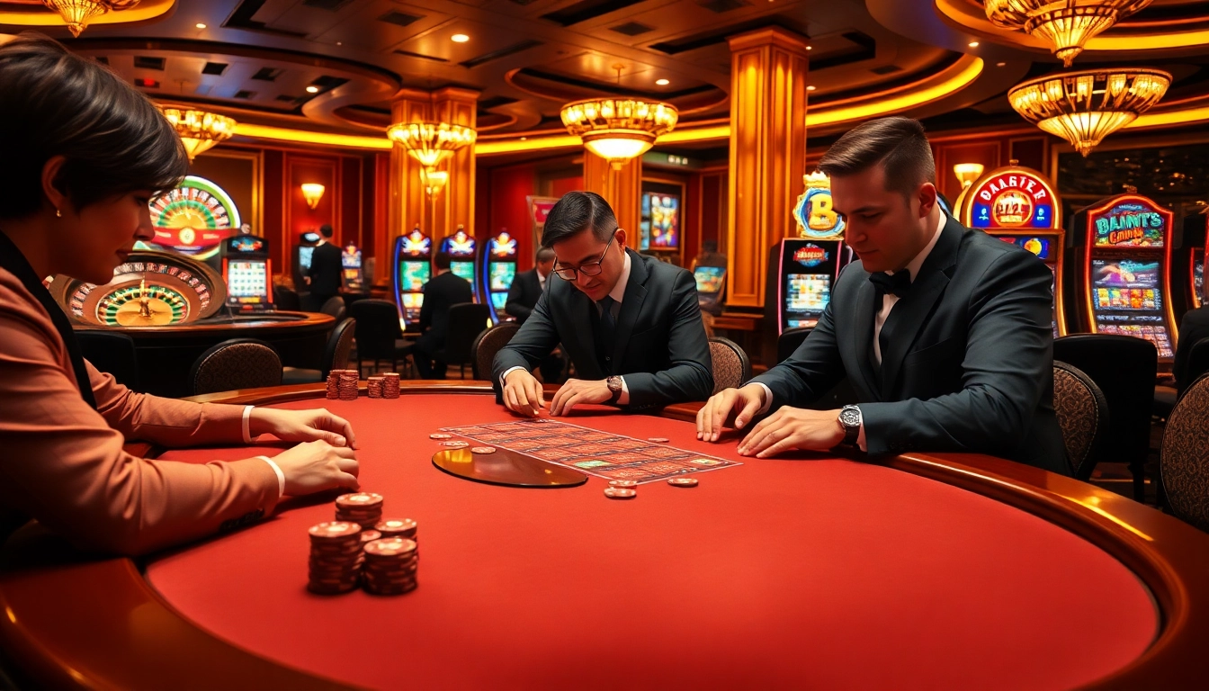 Exciting players at the rr88 casino competing at a high-stakes card table, capturing the thrill of gambling.