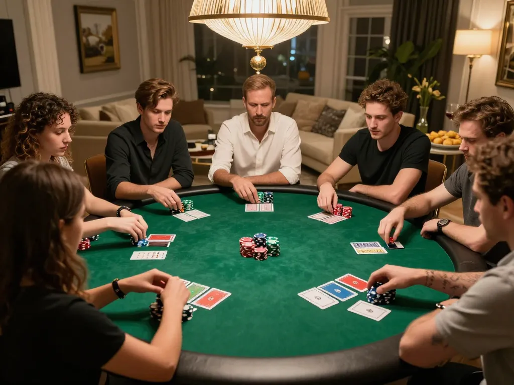 Players strategizing at a high-stakes poker game, featuring 789win action in a cozy home setting