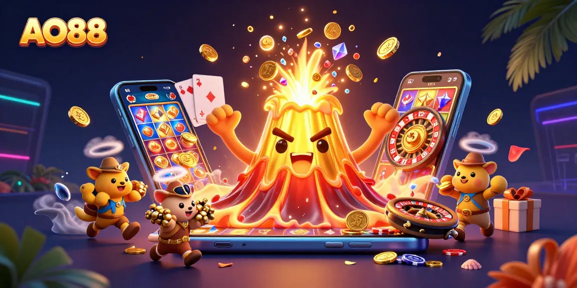 Spin to win at AO88 with thrilling slots and treasures erupting from a golden volcano.