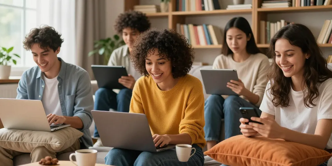 Engaging spicy chat conversation in a cozy living room with diverse individuals using devices.