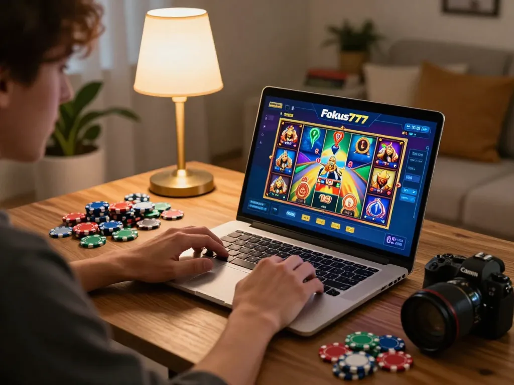 Gaming session on Fokus777 platform with player enjoying strategic online gambling in a cozy setting.