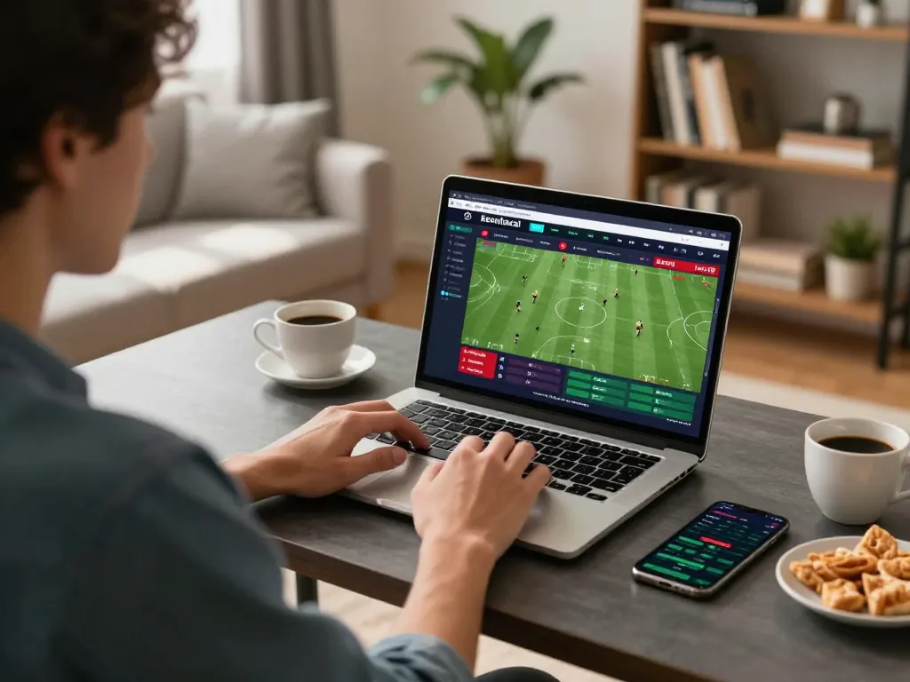 Engaged in strategic keonhacai betting while following live sports updates on a laptop.