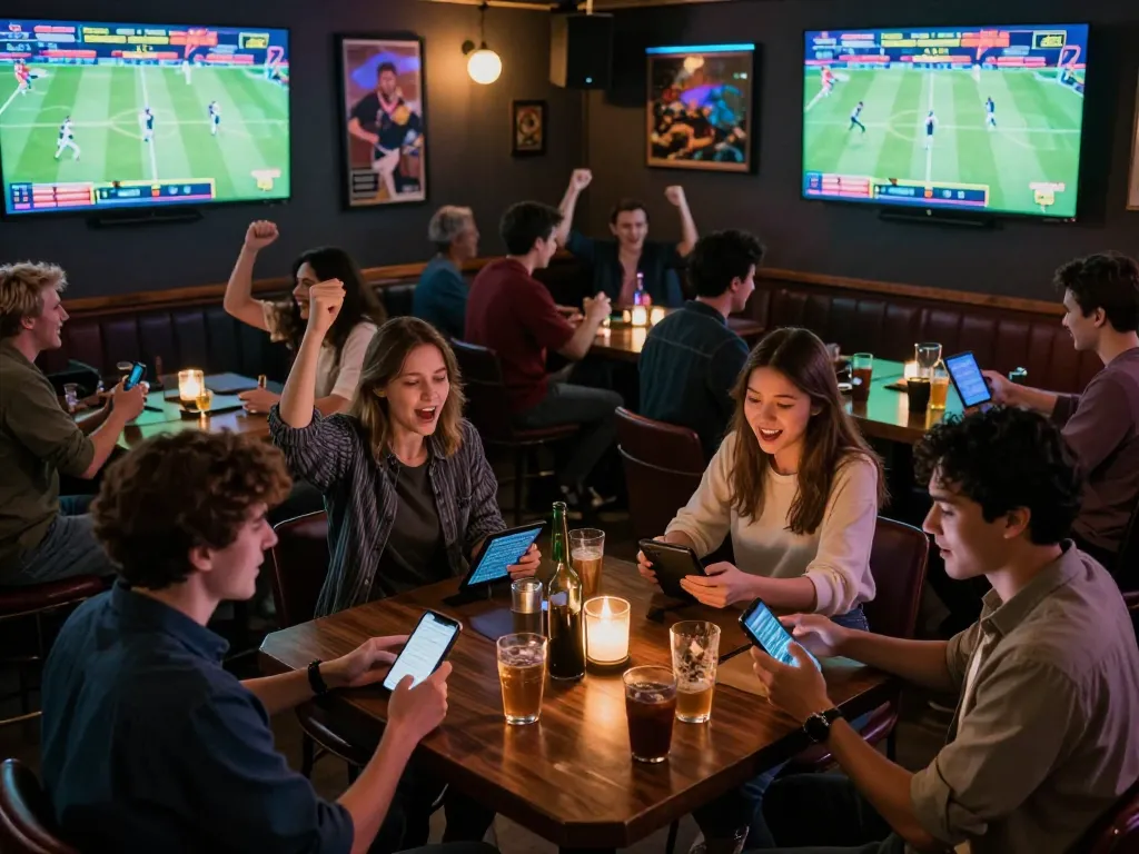 28bet sports betting excitement as friends eagerly place bets while watching live games