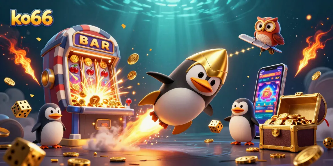 Experience the thrill of ko66 as the golden penguin blasts through the cosmos towards a casino jackpot.