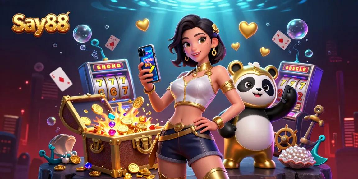 Experience Say88 casino excitement with an Asian woman and panda mascot in a vibrant 3D scene.