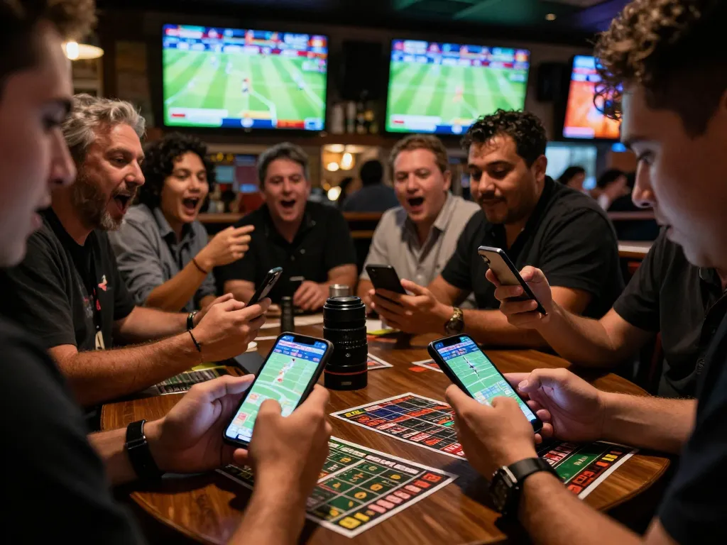 Kèo nhà cái betting action with excited patrons at a sports bar screen.