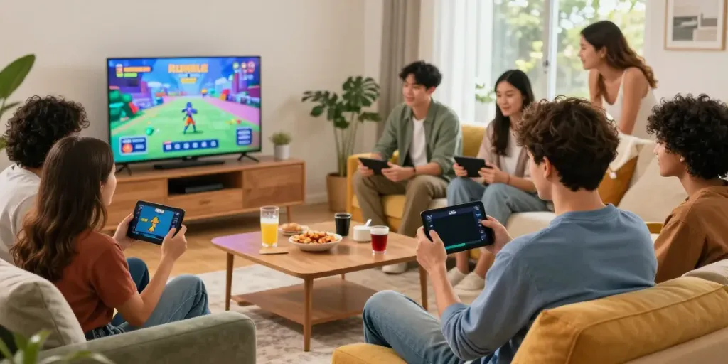 Rumble Rummy scene with friends playing on a smartphone in a cozy living room.