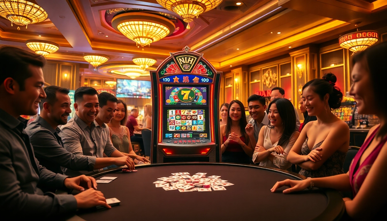 Players joyfully engaging with a colorful nổ hũ slot machine in a luxurious casino setting.